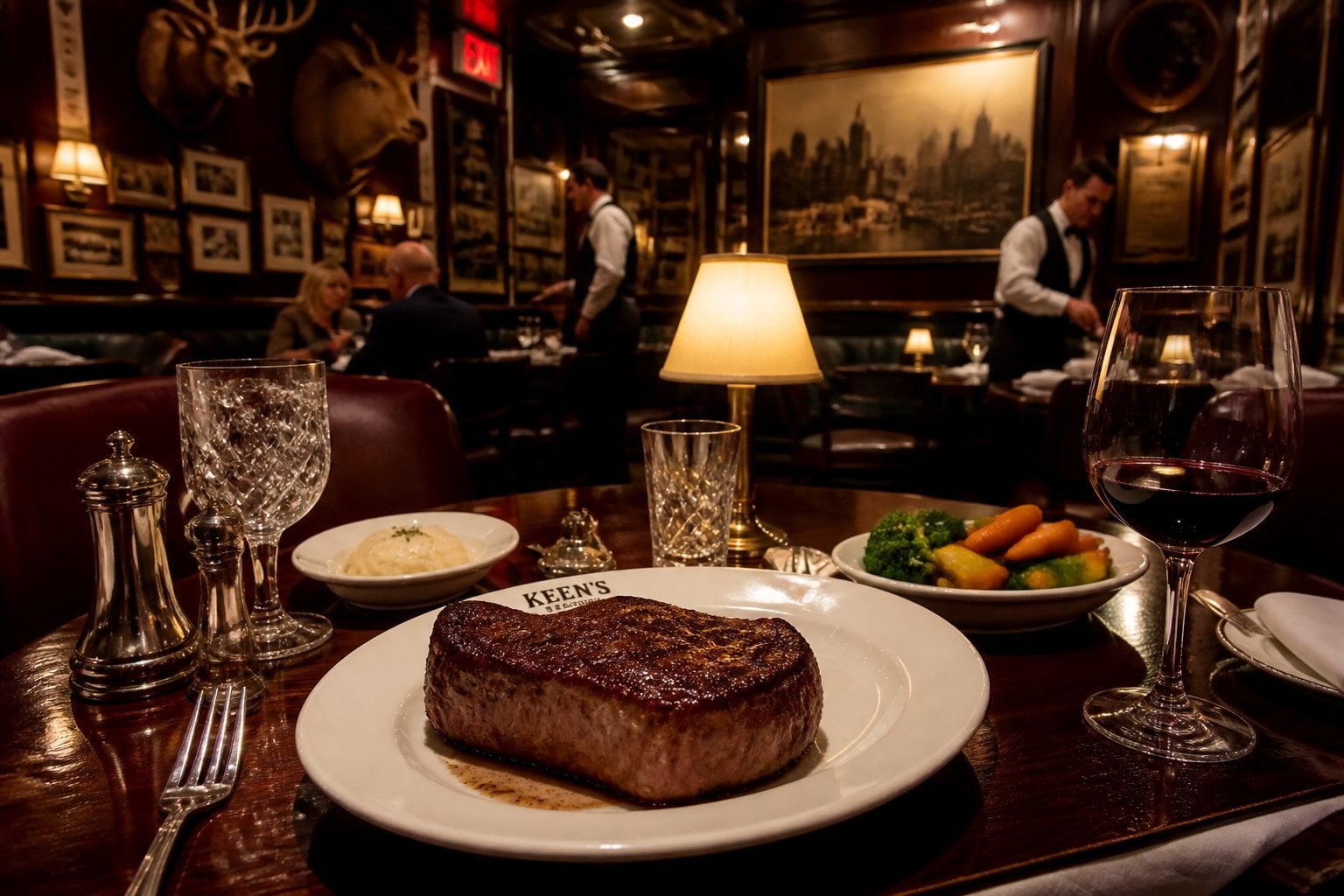 An elegant steakhouse interior with wooden paneling, leather booths, a table set with a premium steak, wine glass, and attentive waitstaff serving guests.