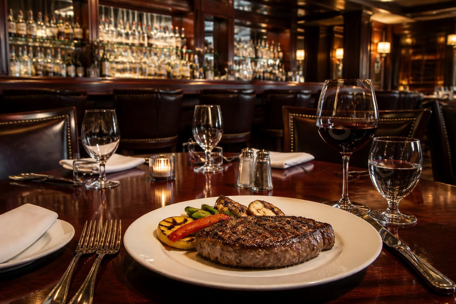 Interior of an upscale steakhouse with a plated steak, grilled vegetables, a glass of red wine, wooden tables, leather chairs, and a well-stocked bar in the background.