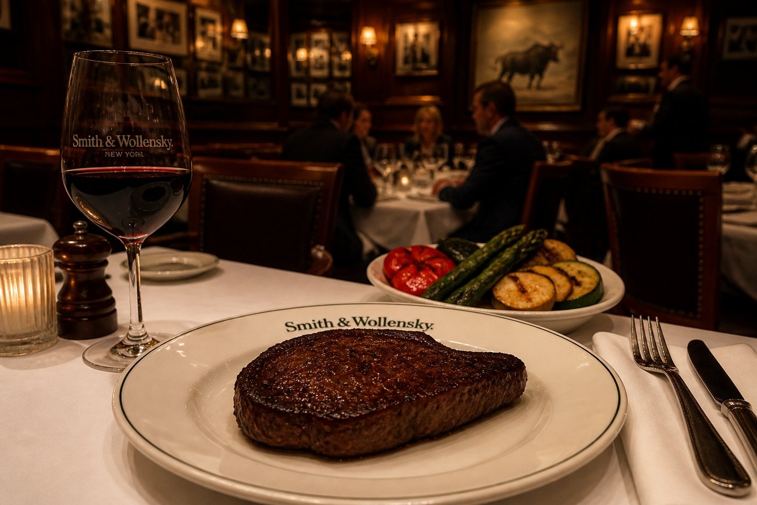 An elegant steakhouse dining scene with a cooked steak on a plate, grilled vegetables, a glass of red wine, and diners enjoying their meals in a warm, upscale restaurant interior.