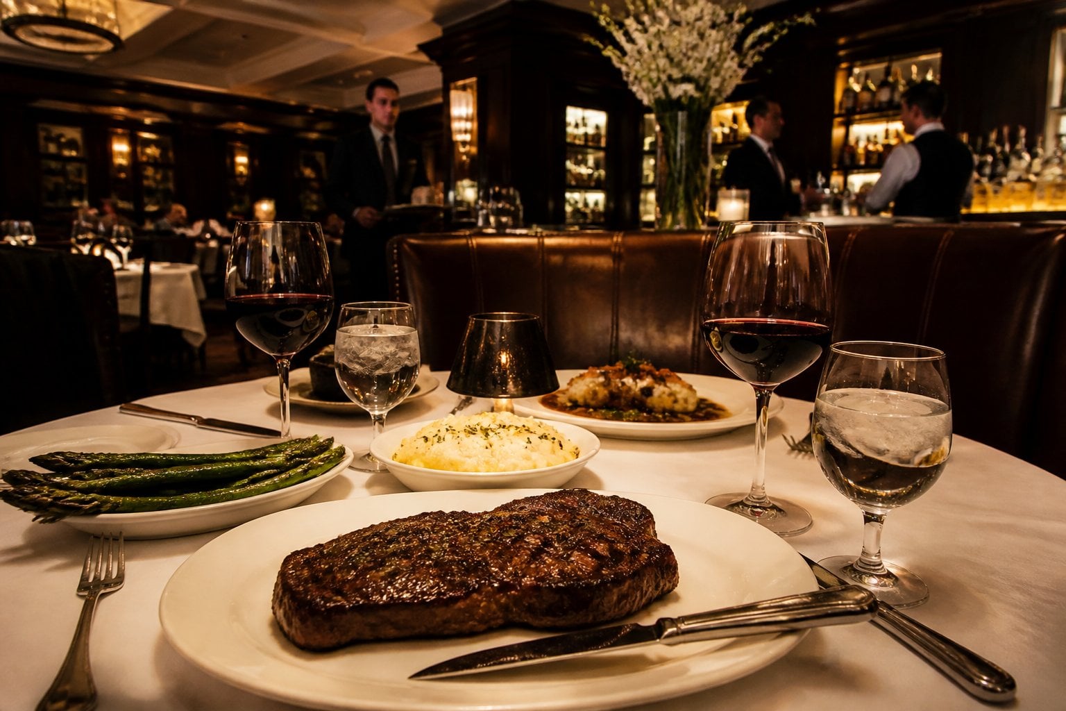 A luxurious steakhouse dining table with a premium steak, sides, wine glasses, and elegant interior details.