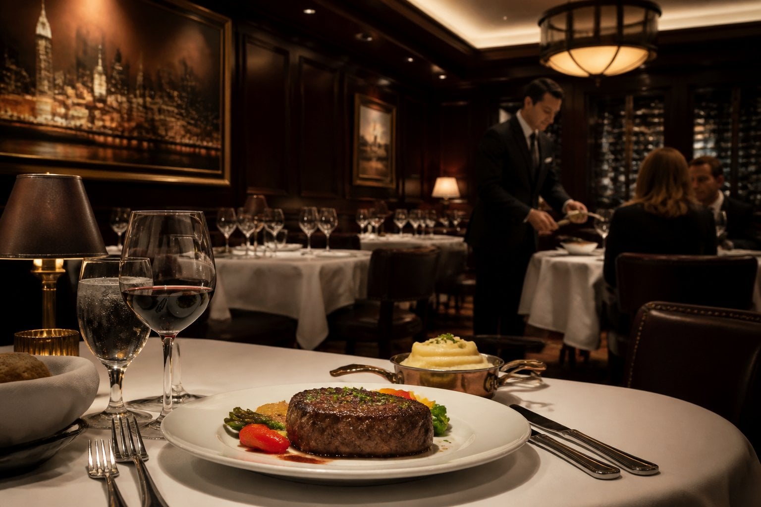 An elegant steakhouse dining room with a server presenting a plated steak to a table.