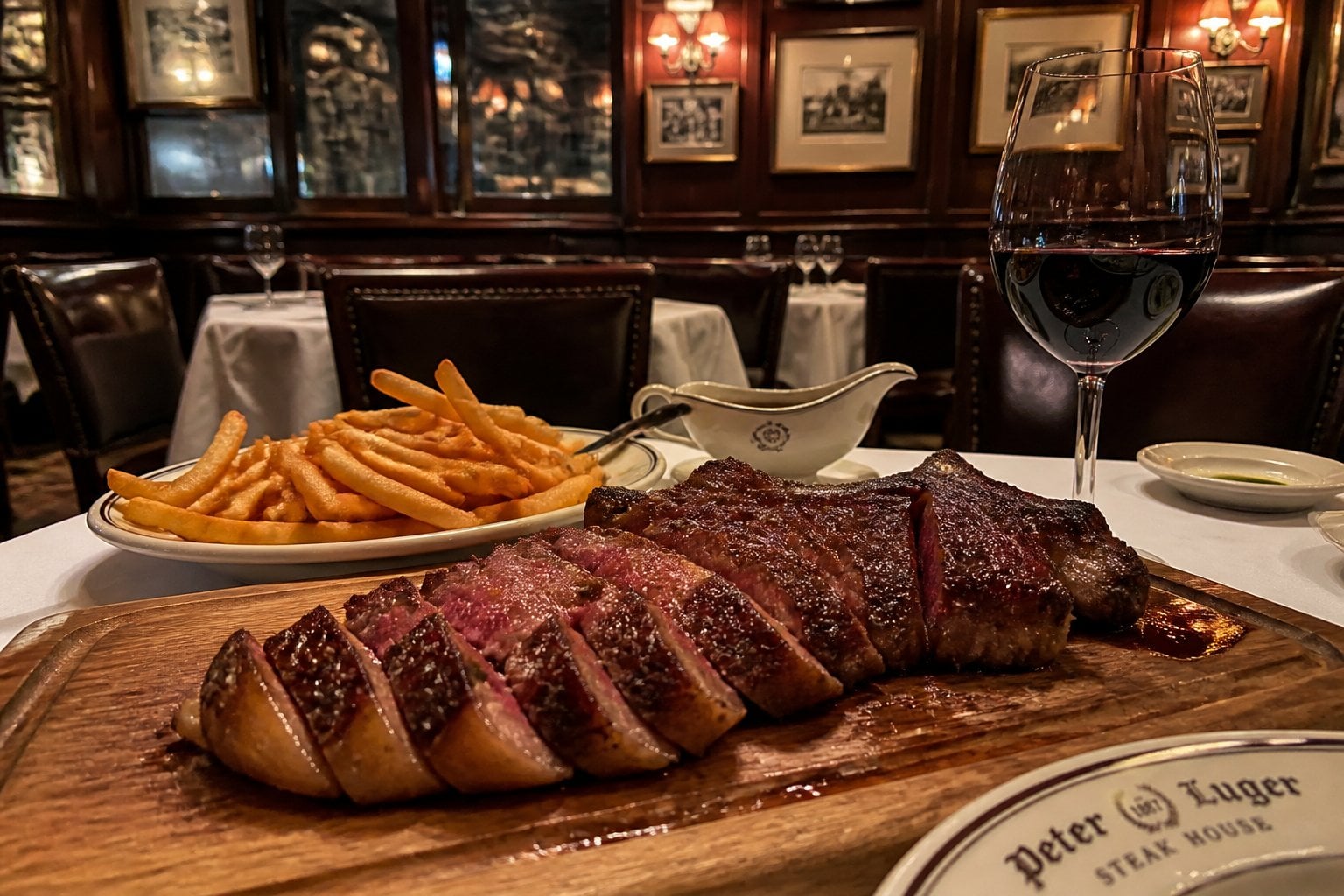 A thick-cut cooked steak on a wooden board with fries and a glass of red wine in an elegant restaurant setting.