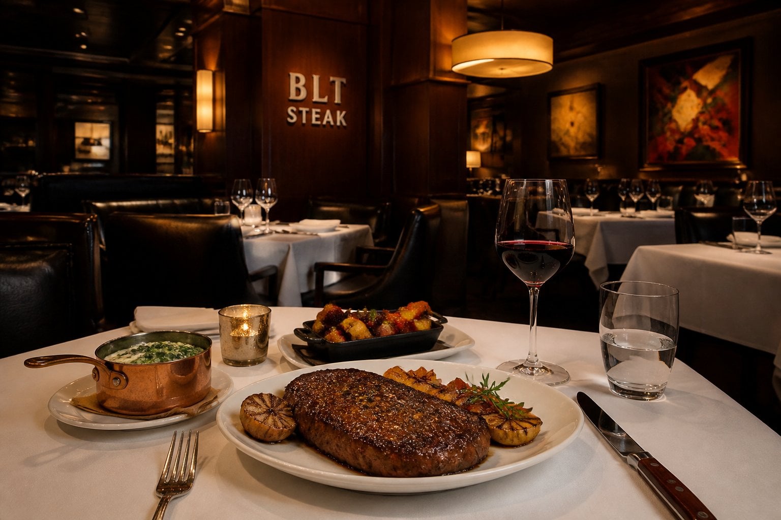 An elegant steakhouse dining table with a plated steak, sides, and a glass of red wine in a warmly lit restaurant interior.