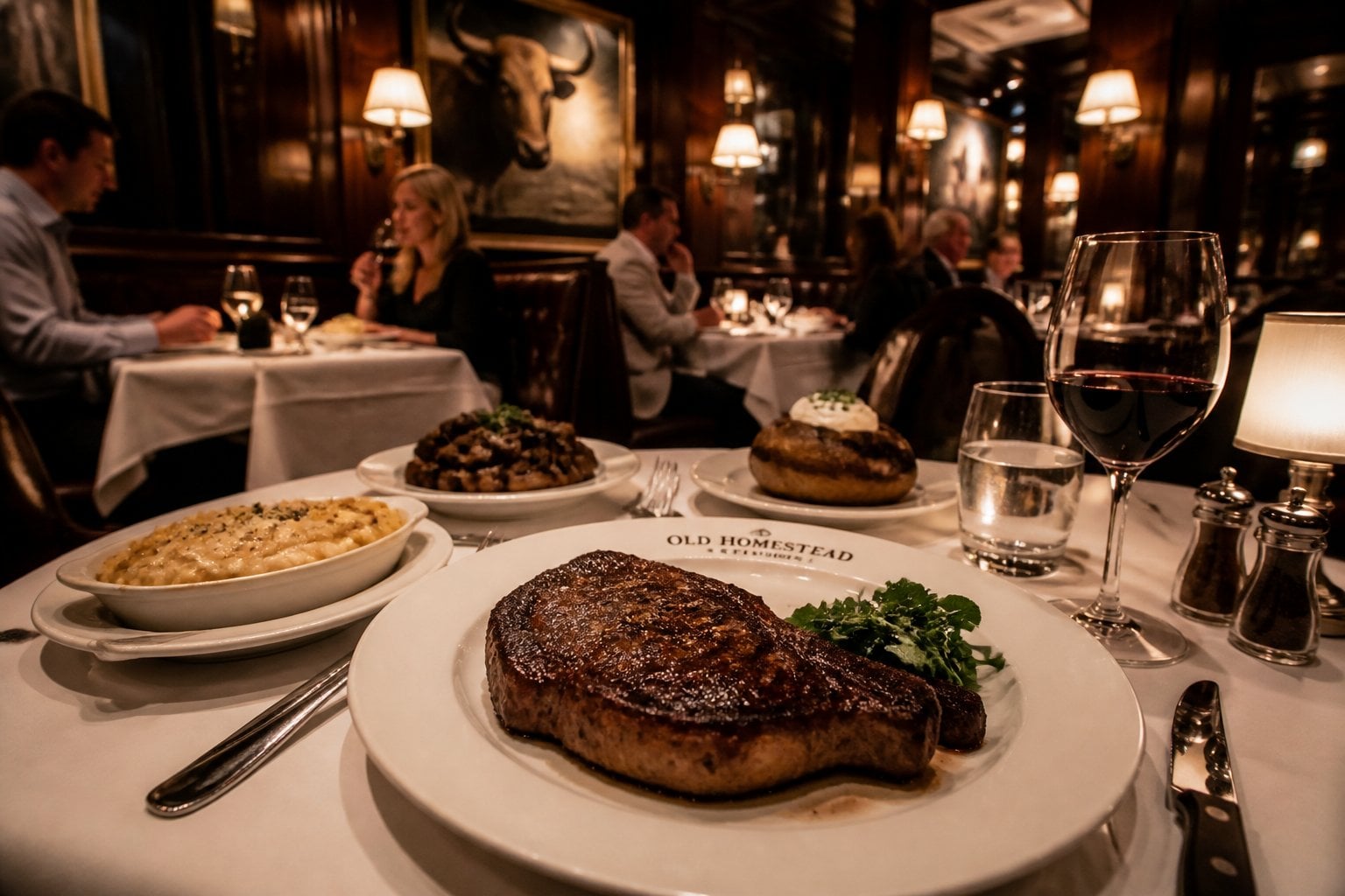 An elegant steakhouse dining room with diners enjoying steak meals at neatly set tables.
