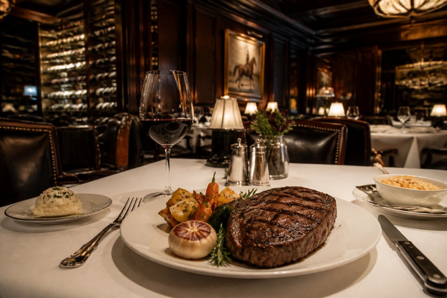 An elegant steakhouse dining area with a plated steak, roasted vegetables, and a glass of red wine on a table.
