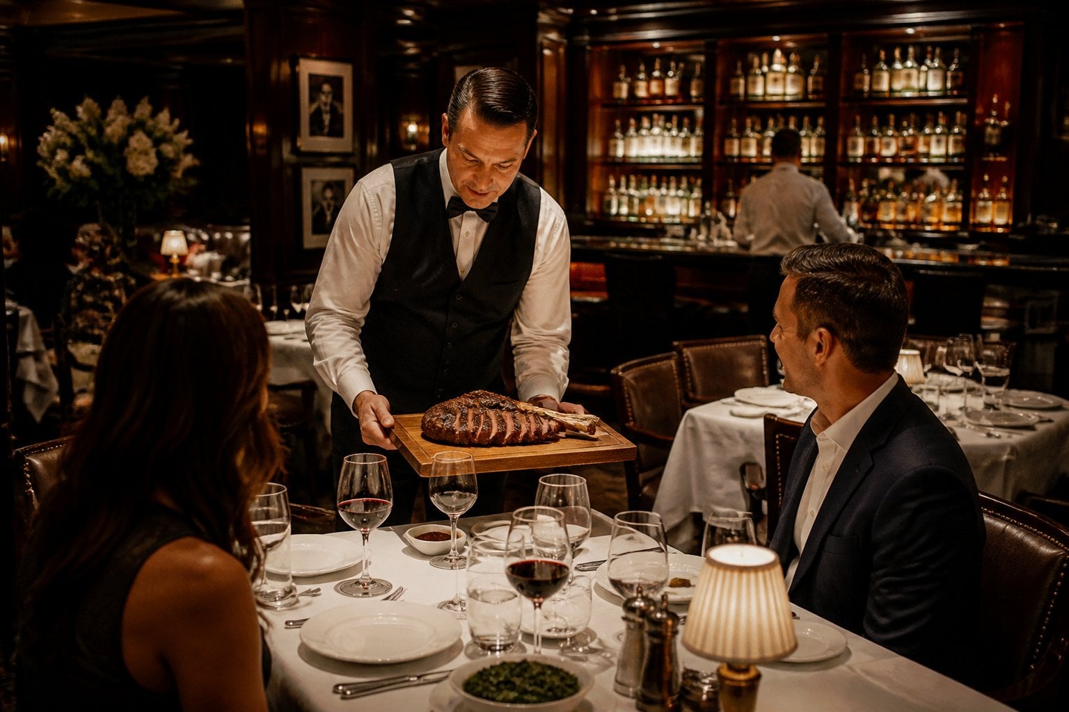 An elegant steakhouse dining area with a waiter serving a steak on a wooden platter, surrounded by tables set with white linens and crystal glasses.