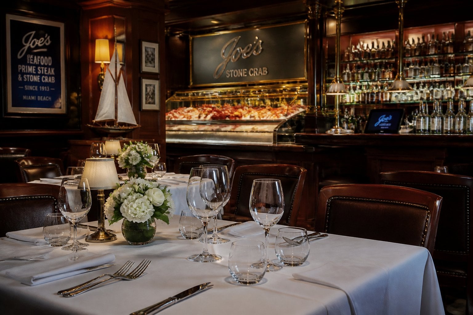 An elegant steakhouse dining room with tables set for guests, leather chairs, ambient lighting, and a bar area with bottles and seafood display.
