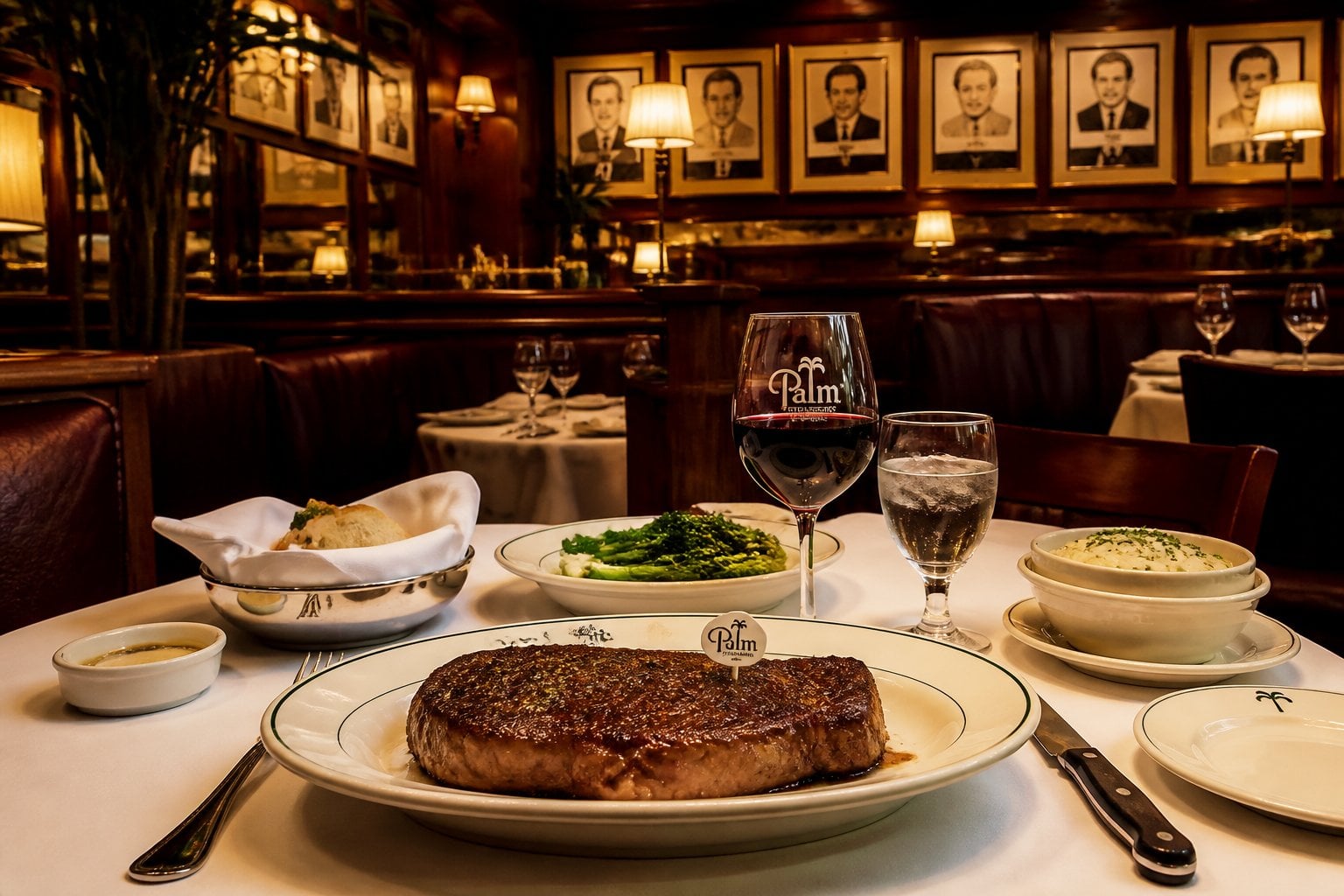Interior of an upscale steakhouse with a table set with a steak, wine glasses, and elegant wooden furnishings.