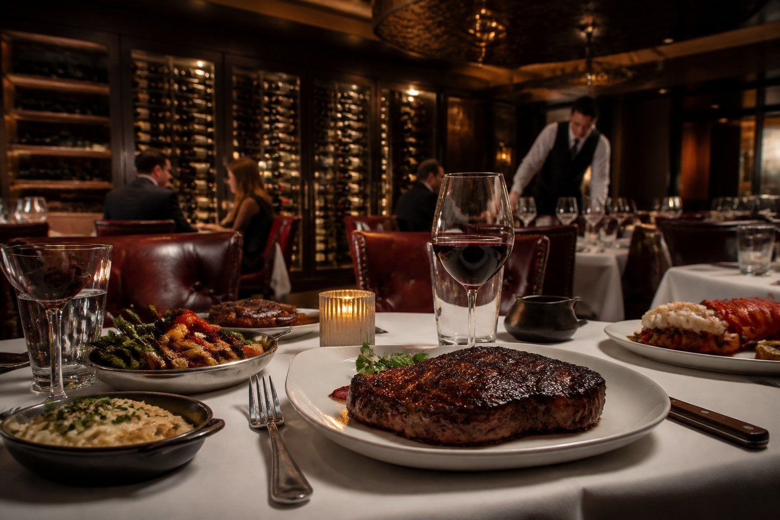 An elegant steakhouse dining area with tables set for a gourmet meal featuring premium steaks and fine dining settings.