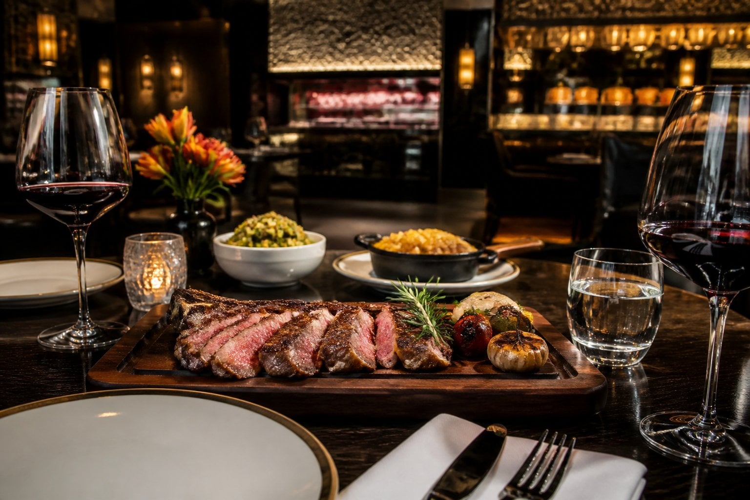 A beautifully plated steak with garnishes on a table in an elegant steakhouse dining room.