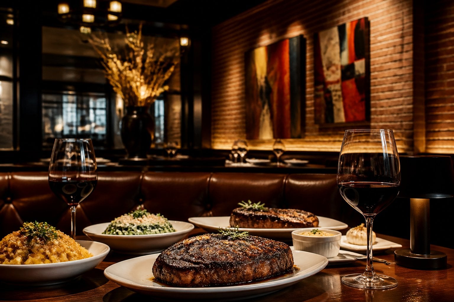 A beautifully set dining table with steak and wine in an elegant steakhouse interior.
