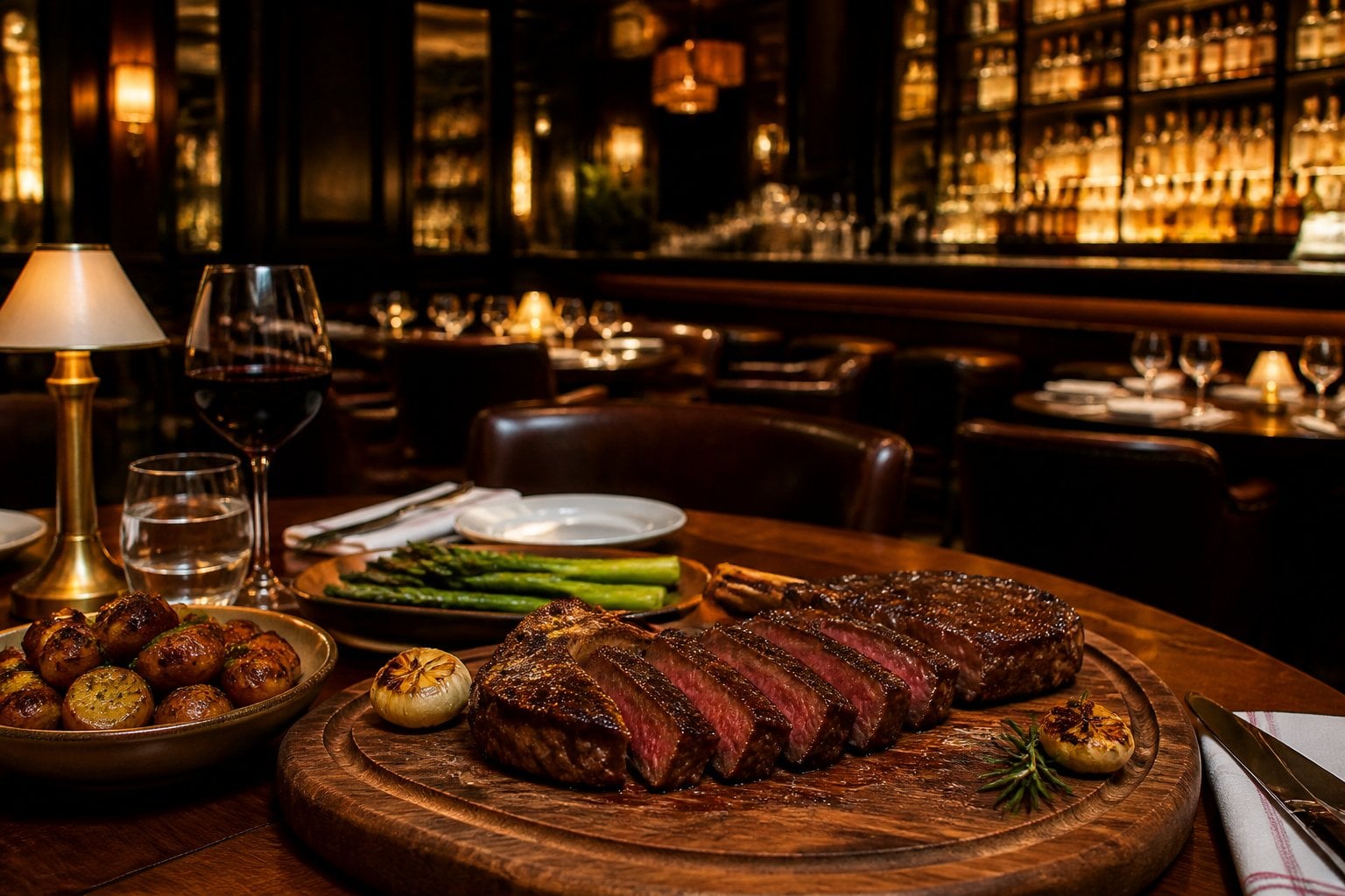 An elegant steakhouse interior with a plated medium-rare steak and side dishes on a wooden table, surrounded by warm lighting and upscale decor.