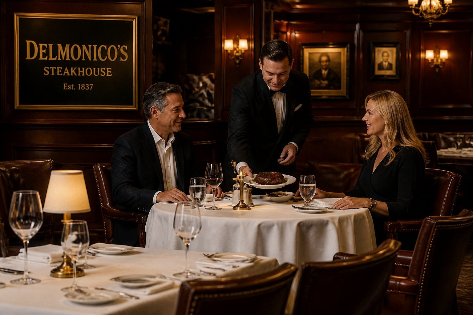 An elegant steakhouse dining room with tables set for guests and a waiter serving a steak to a couple.