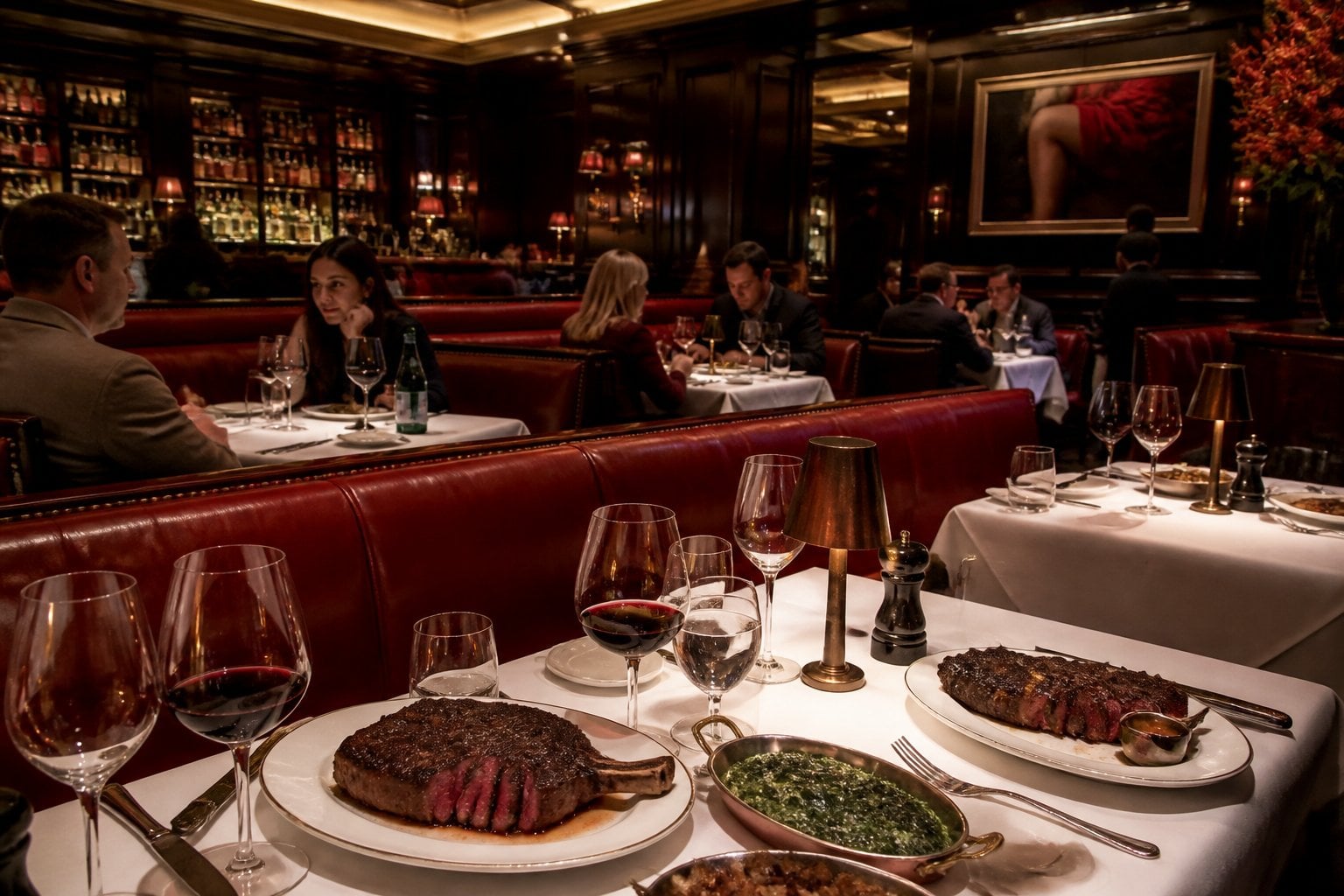 Interior of an upscale steakhouse with elegant dark wood decor, red leather seating, and tables set with steak dishes and glassware.