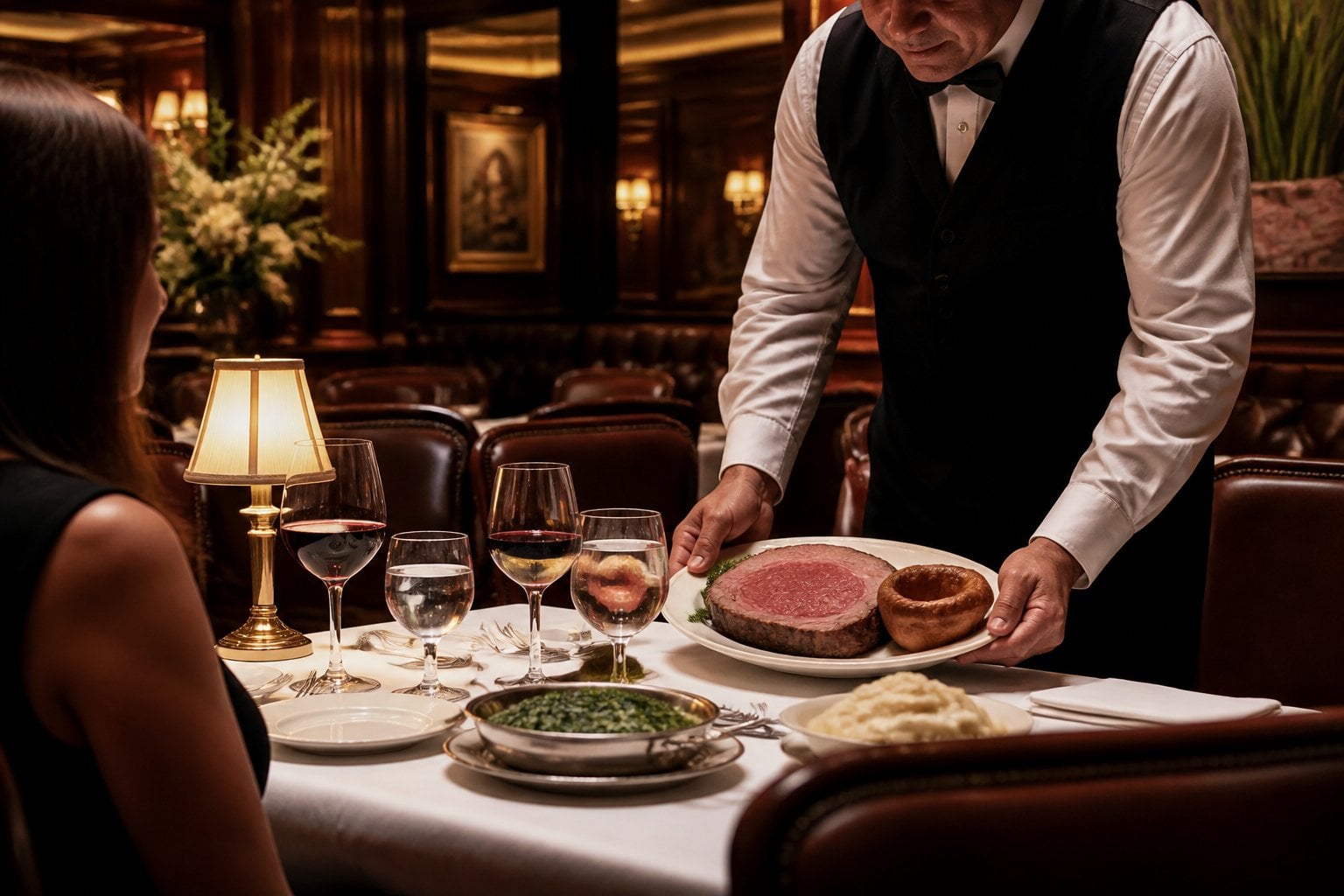 An upscale steakhouse dining room with elegant tables set for dinner and a waiter serving a plated prime rib steak with sides.