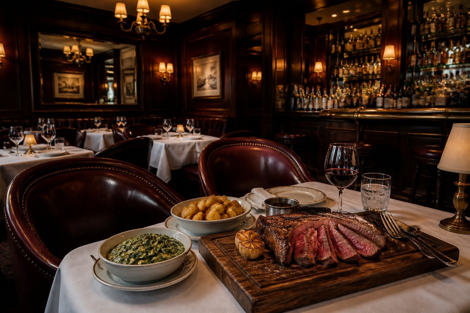 An elegant steakhouse dining area with wooden furniture, leather chairs, ambient lighting, and a table set with a medium-rare steak and classic side dishes.