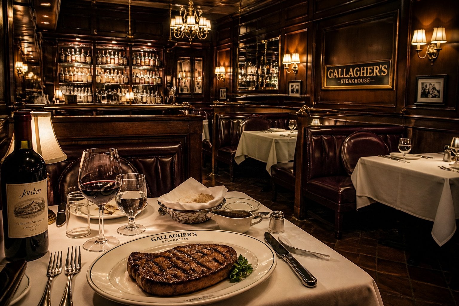 Interior of an upscale steakhouse with wooden paneling, leather seating, a set dining table with a steak, and warm ambient lighting.