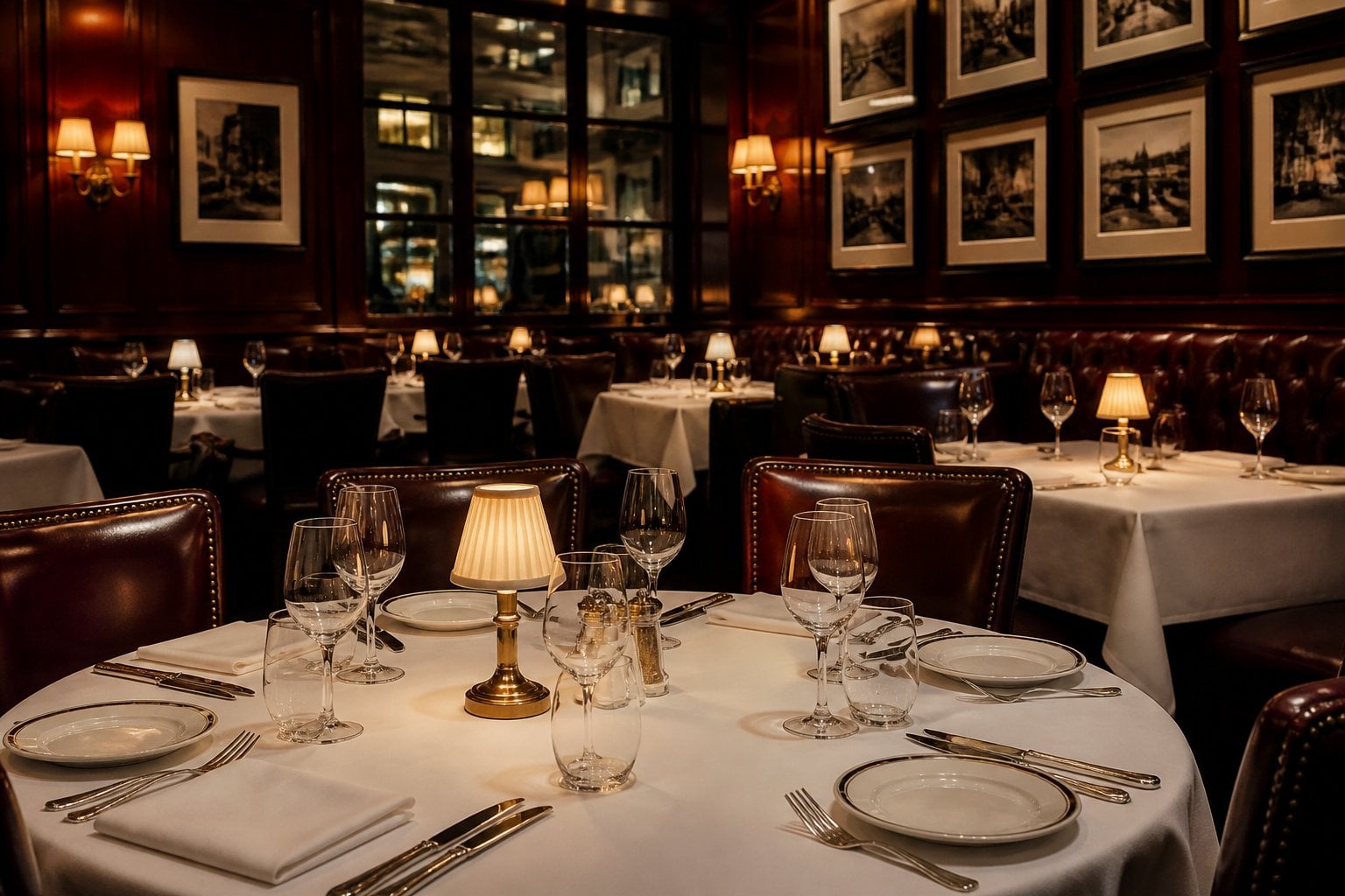 An elegant steakhouse dining area with dark wood furniture, white tablecloths, and warm lighting.