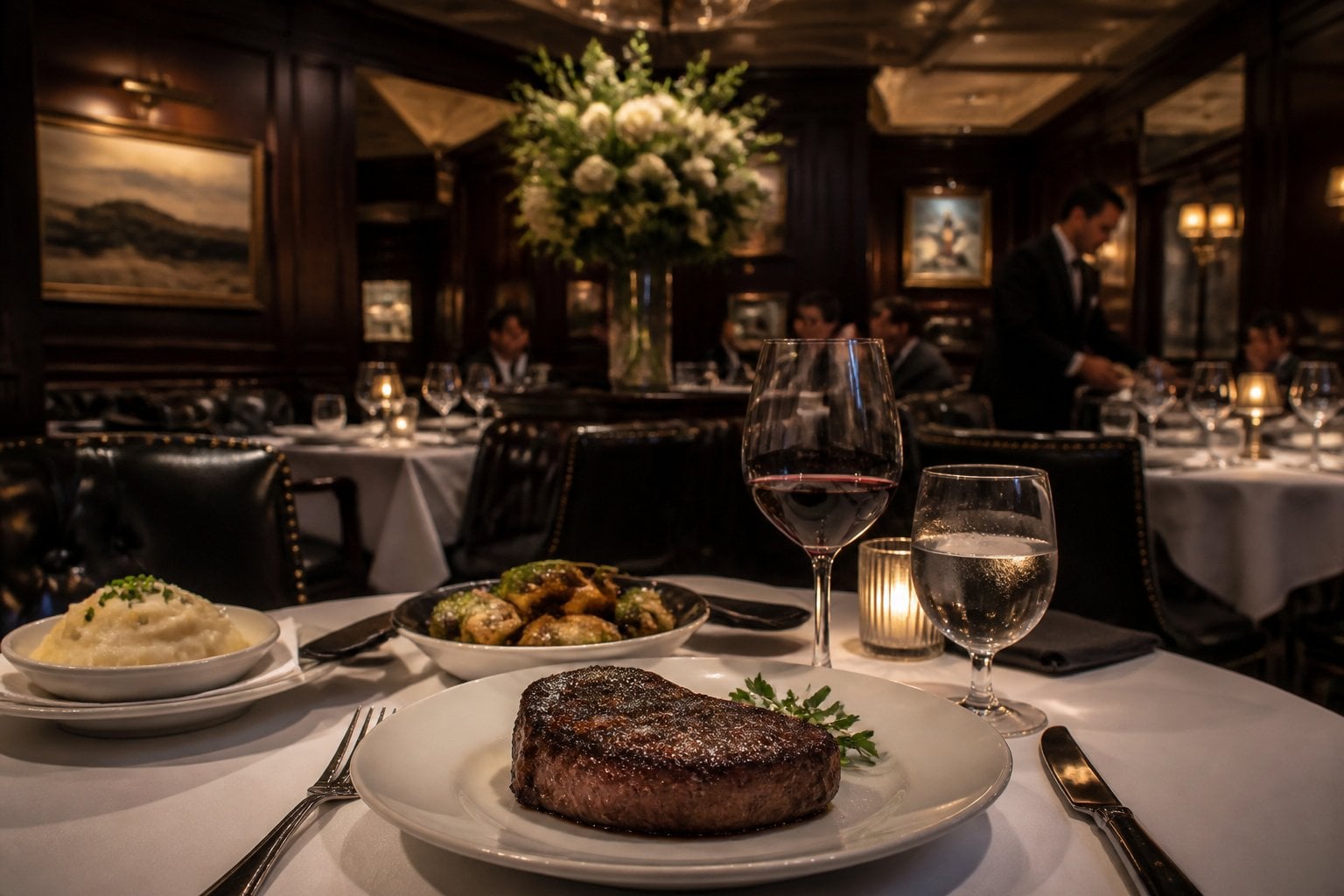 An elegant steakhouse dining room with dark wood decor, leather chairs, and tables set with plates of steak, sides, wine glasses, and silverware.