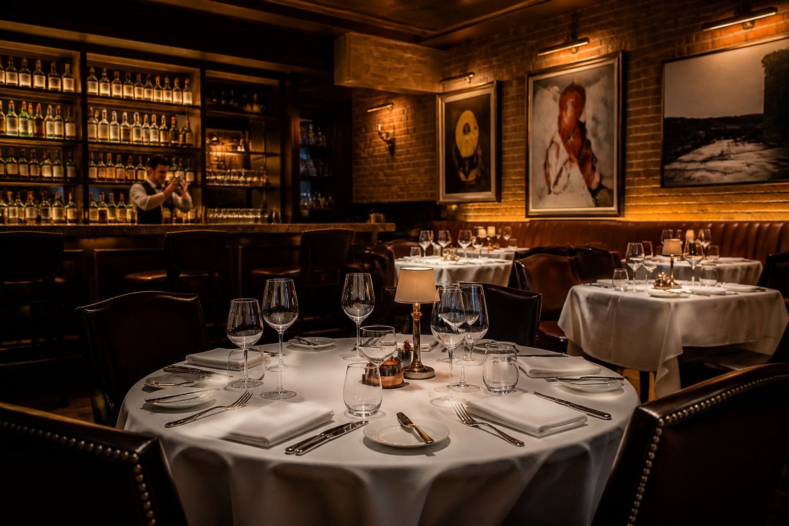 Interior of an elegant steakhouse with tables set for fine dining and a bar area in the background.