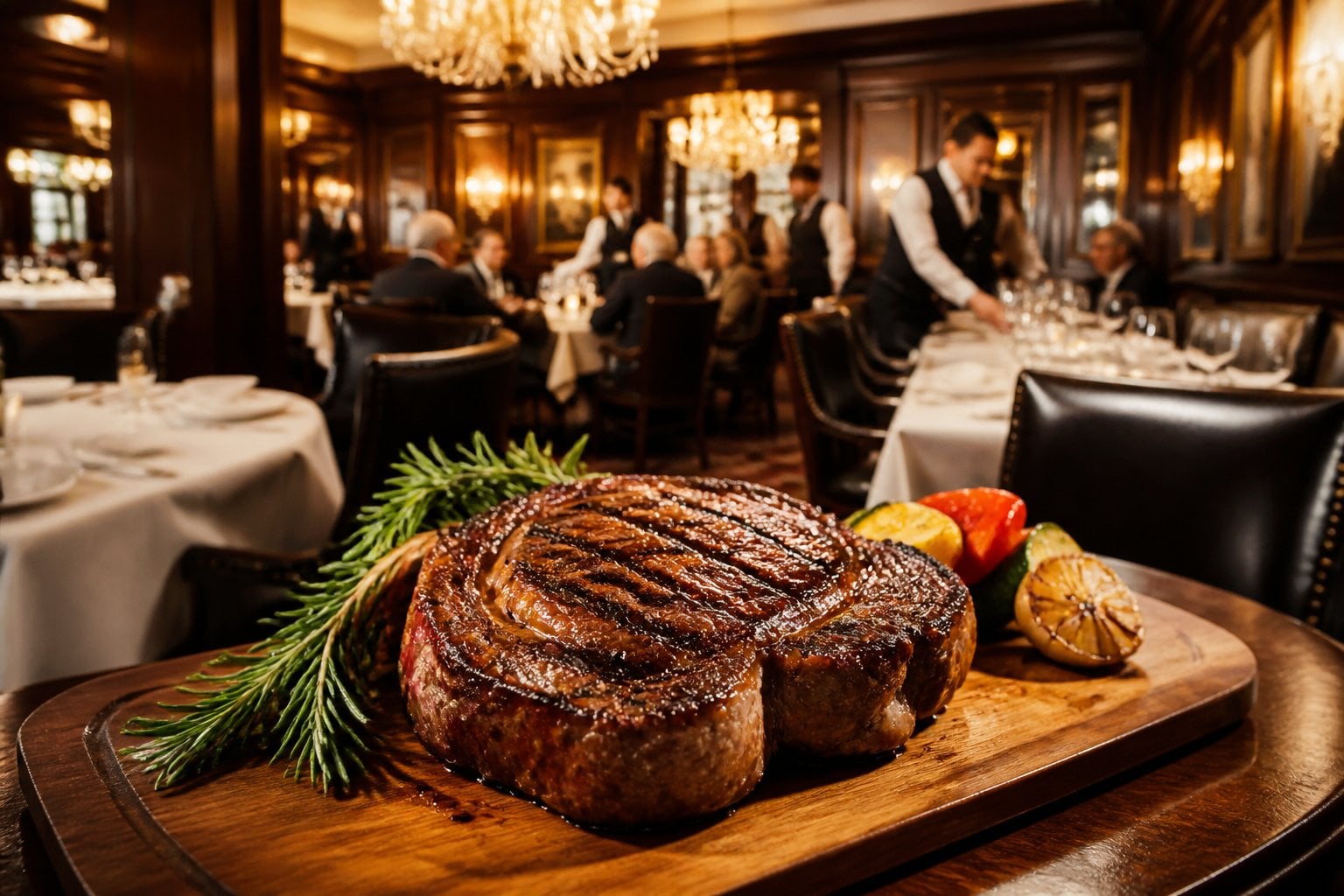 An elegant steakhouse dining room with a juicy ribeye steak on a wooden board and waitstaff serving guests.