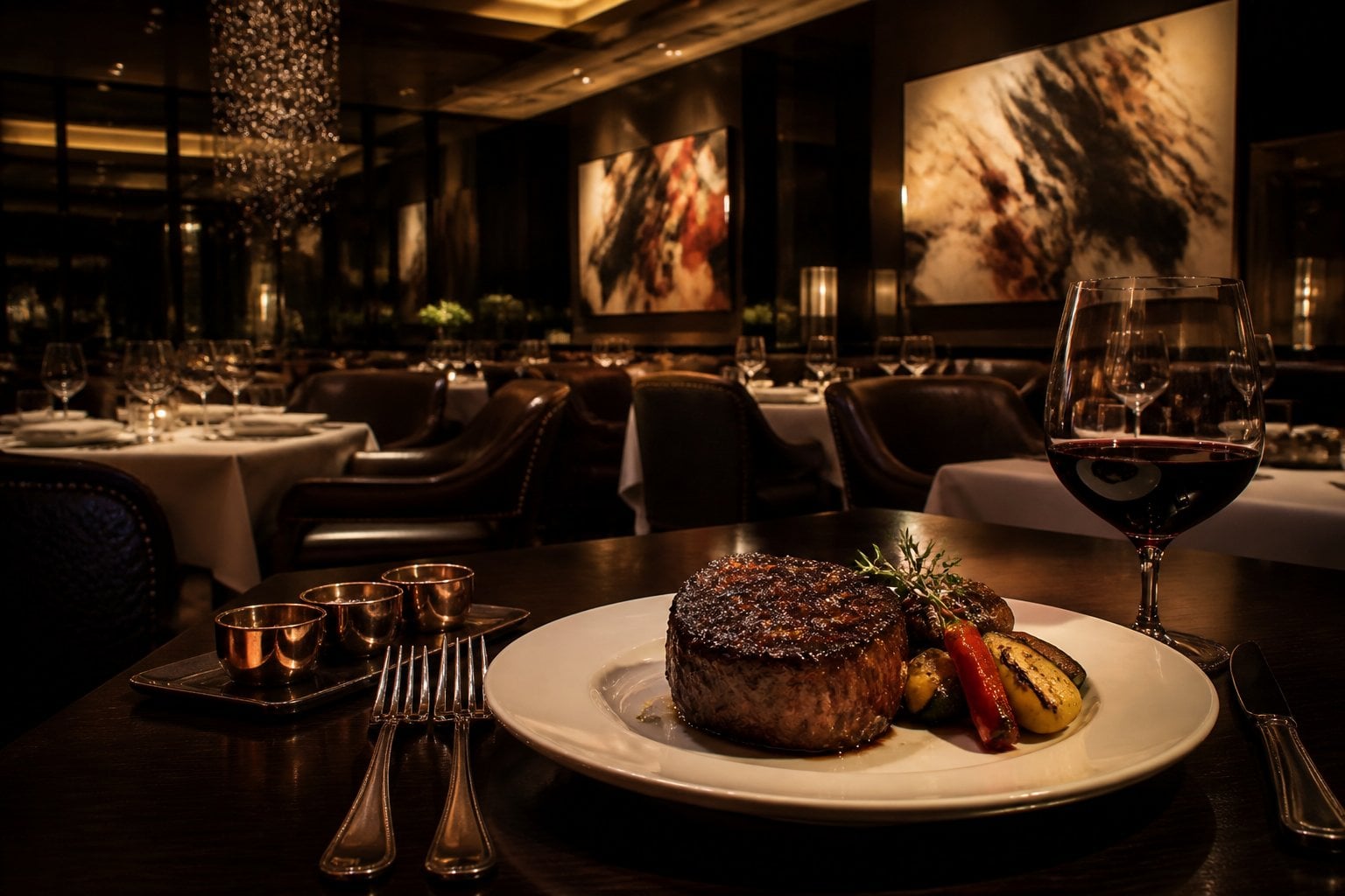 An elegant steakhouse dining area with a plated premium steak, grilled vegetables, and a glass of red wine on a table set with white linens and fine tableware.