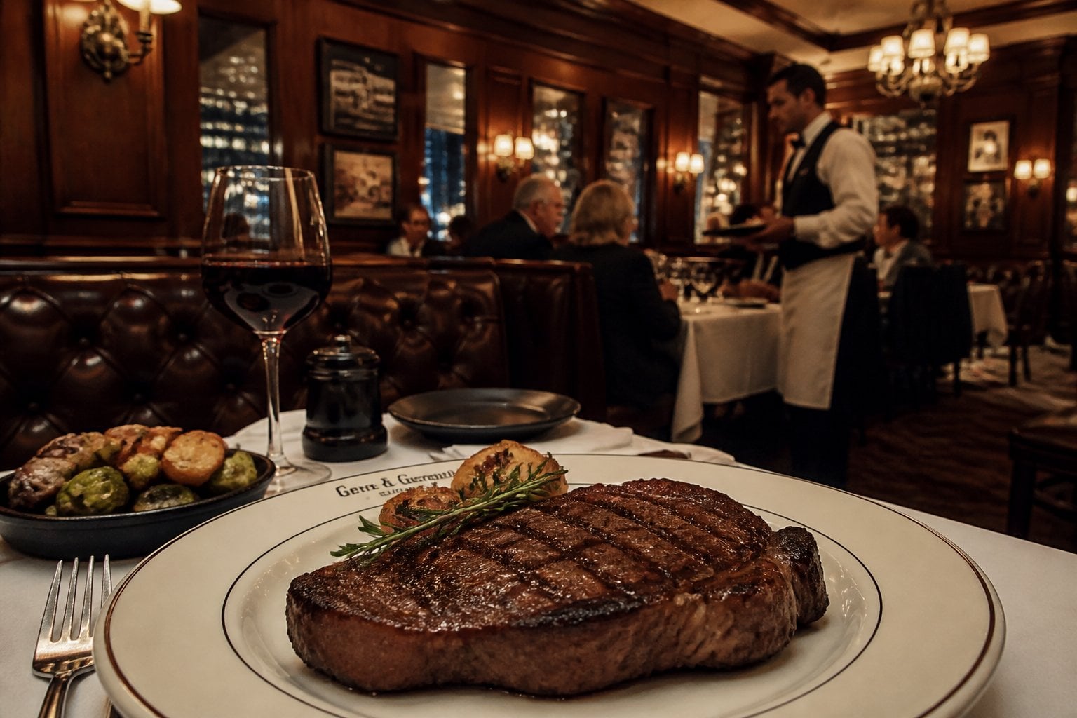 Inside an upscale steakhouse with wooden booths, a plated steak with sides, a glass of red wine, and diners enjoying their meals.