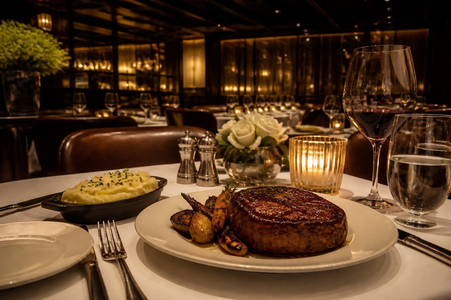 A beautifully set table with a plated steak and sides in an elegant steakhouse dining room with warm lighting and rich wood decor.