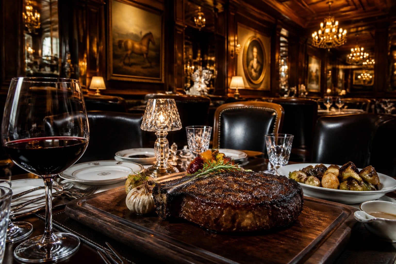 A dining table in a luxurious steakhouse with a cooked steak, side dishes, a glass of red wine, and elegant decor in the background.