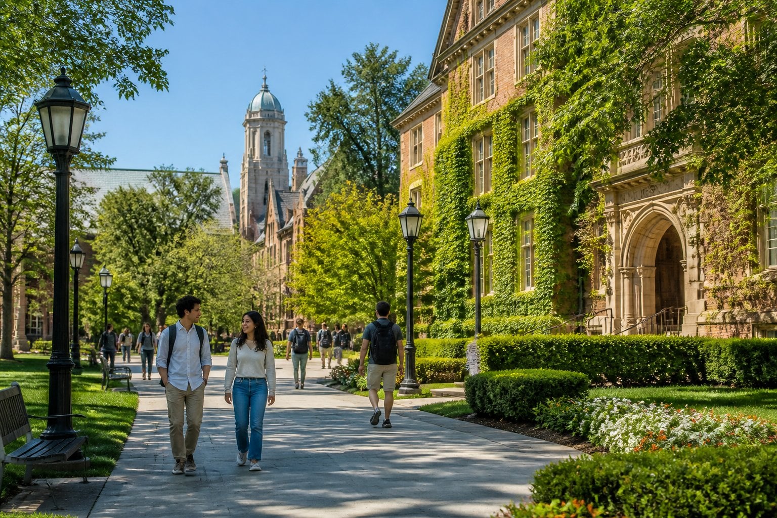 A sunny college town street in Princeton with red-brick buildings, green trees, and people walking along sidewalks.