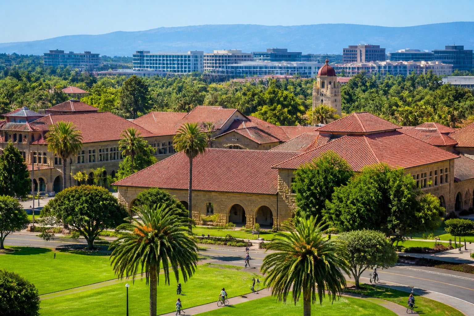 View of Stanford University campus with sandstone buildings and palm trees, with Palo Alto city buildings in the background under a clear sky.