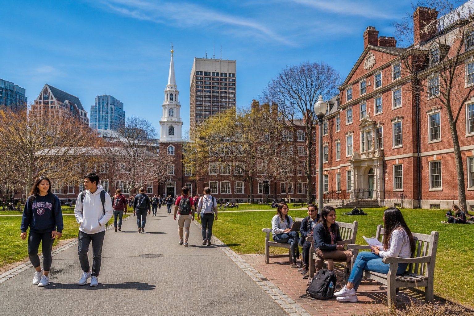 A view of Harvard University campus in Cambridge with students walking and sitting on benches among historic buildings and green lawns under a clear sky.