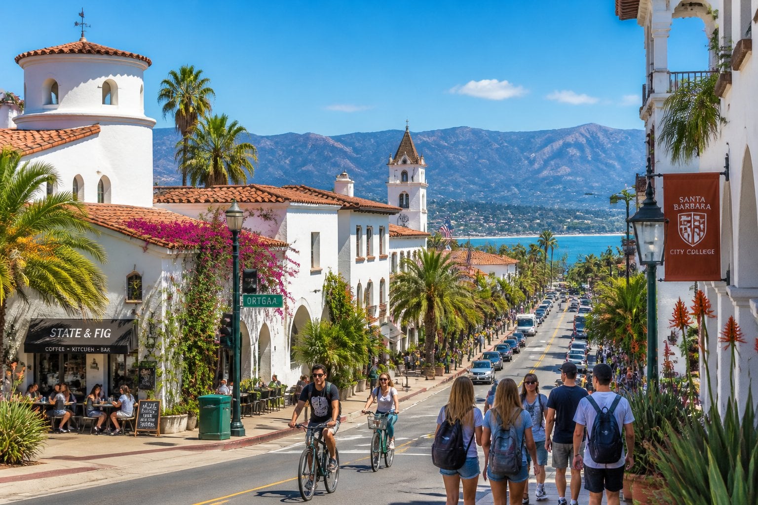 Sunlit coastal view of Santa Barbara with Spanish-style buildings, palm trees, people walking near cafes, and the ocean in the background.