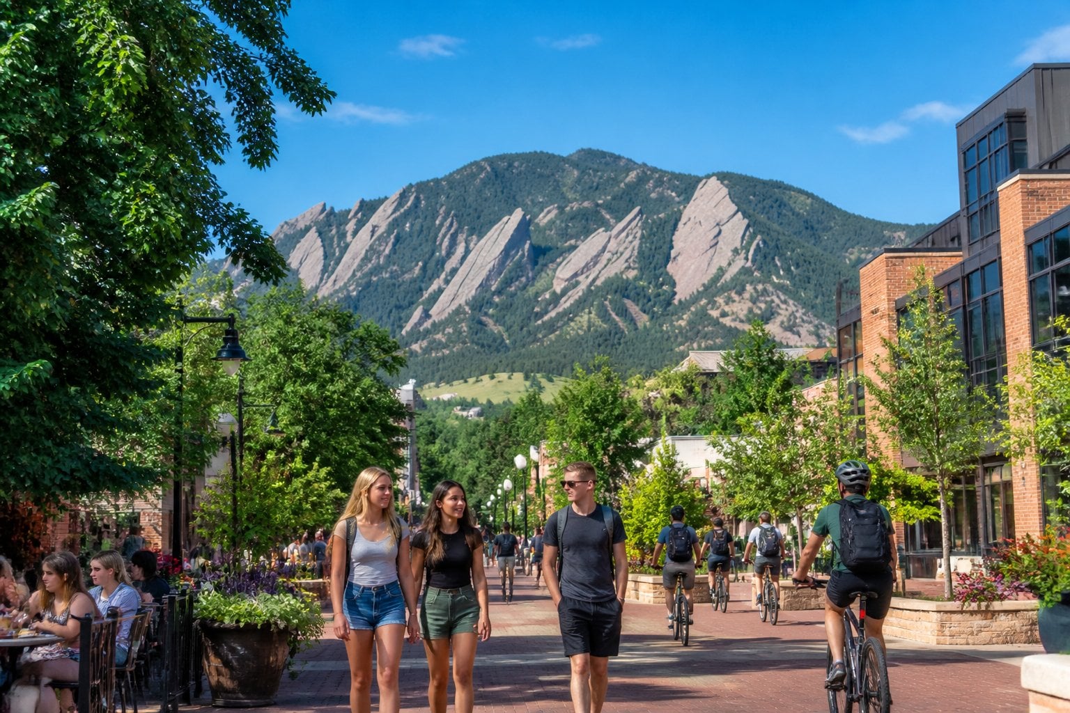 View of a college town street in Boulder, Colorado with people walking and biking, trees, outdoor cafes, and mountains in the background.