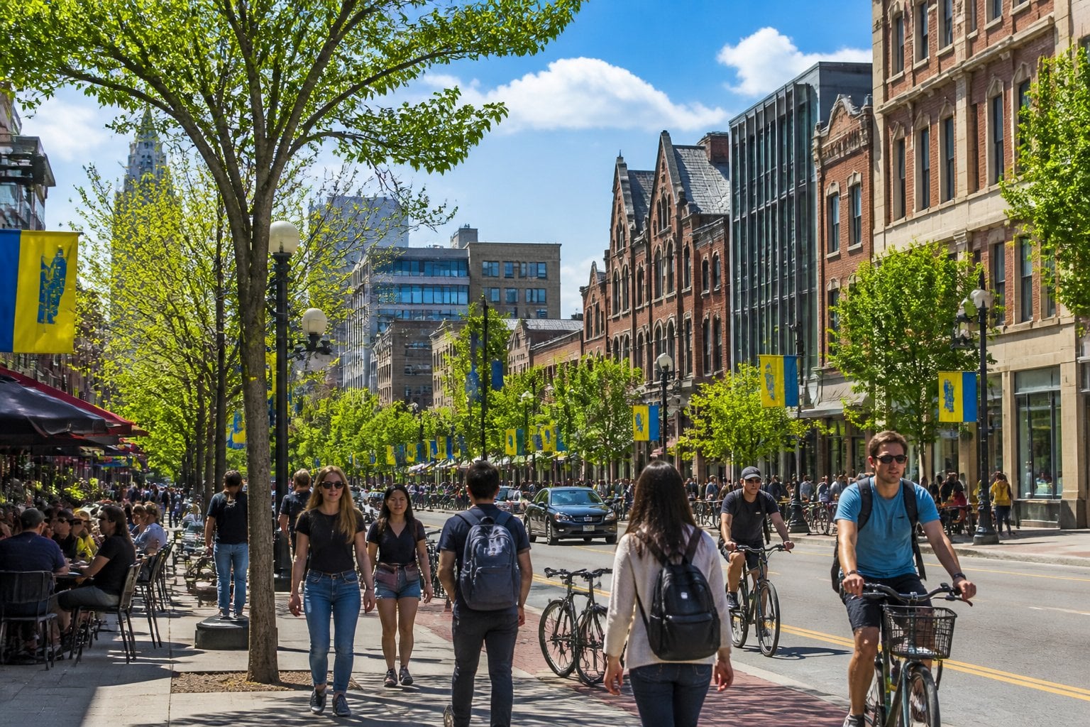 A busy downtown street in Ann Arbor, Michigan, with people walking and sitting at outdoor cafés among trees and buildings on a sunny day.
