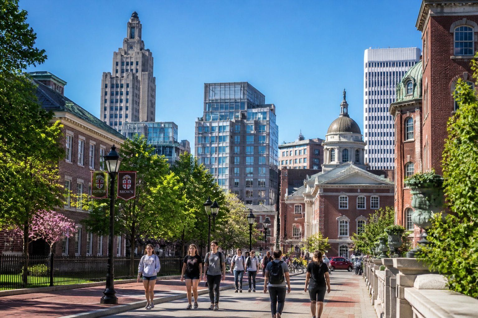 A city street in Providence, Rhode Island, with historic buildings, green trees, and people walking near a university campus.