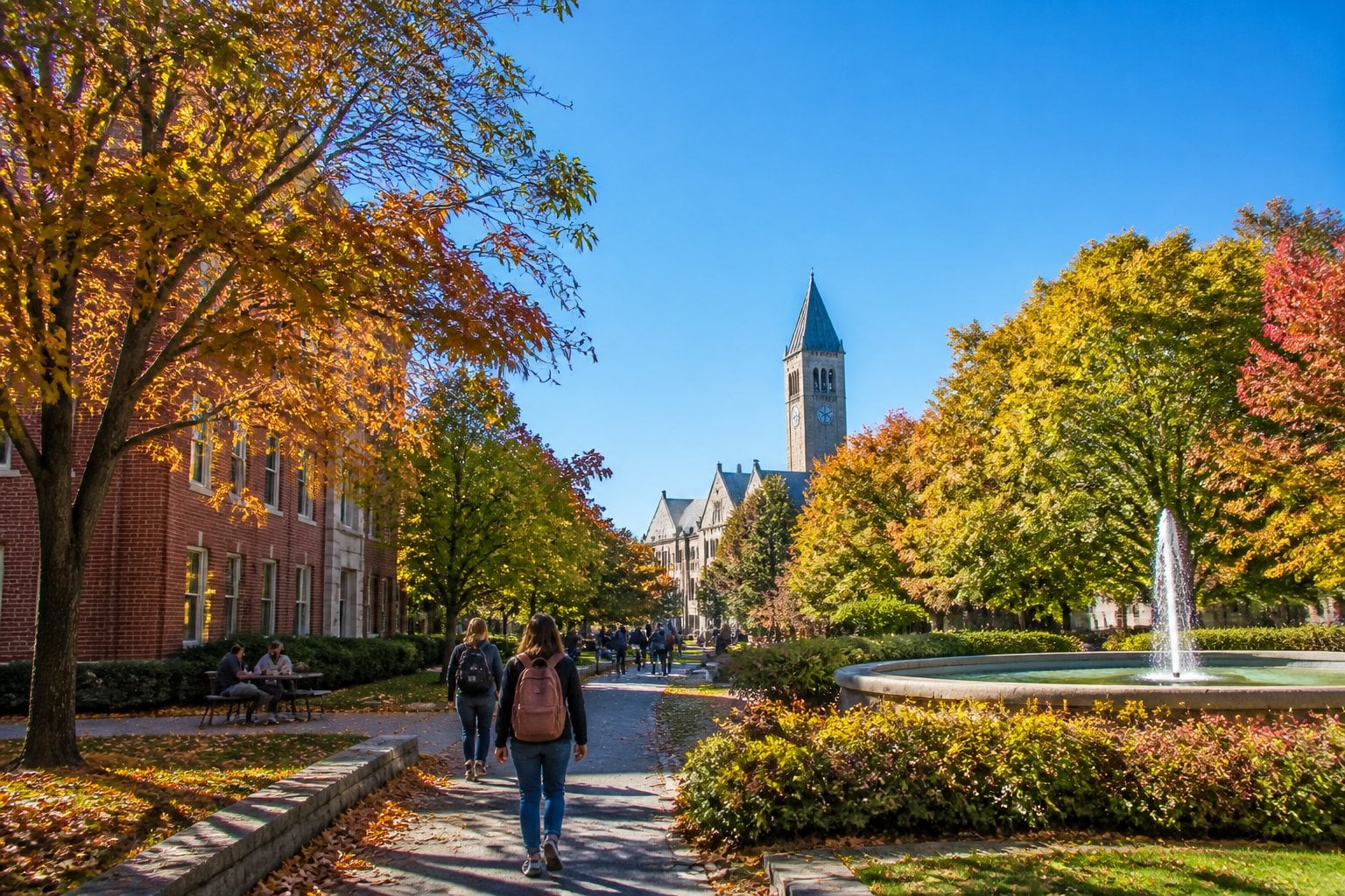 A sunny street in Ithaca, New York with brick buildings, trees with fall leaves, and people walking and sitting outdoors near a college campus.