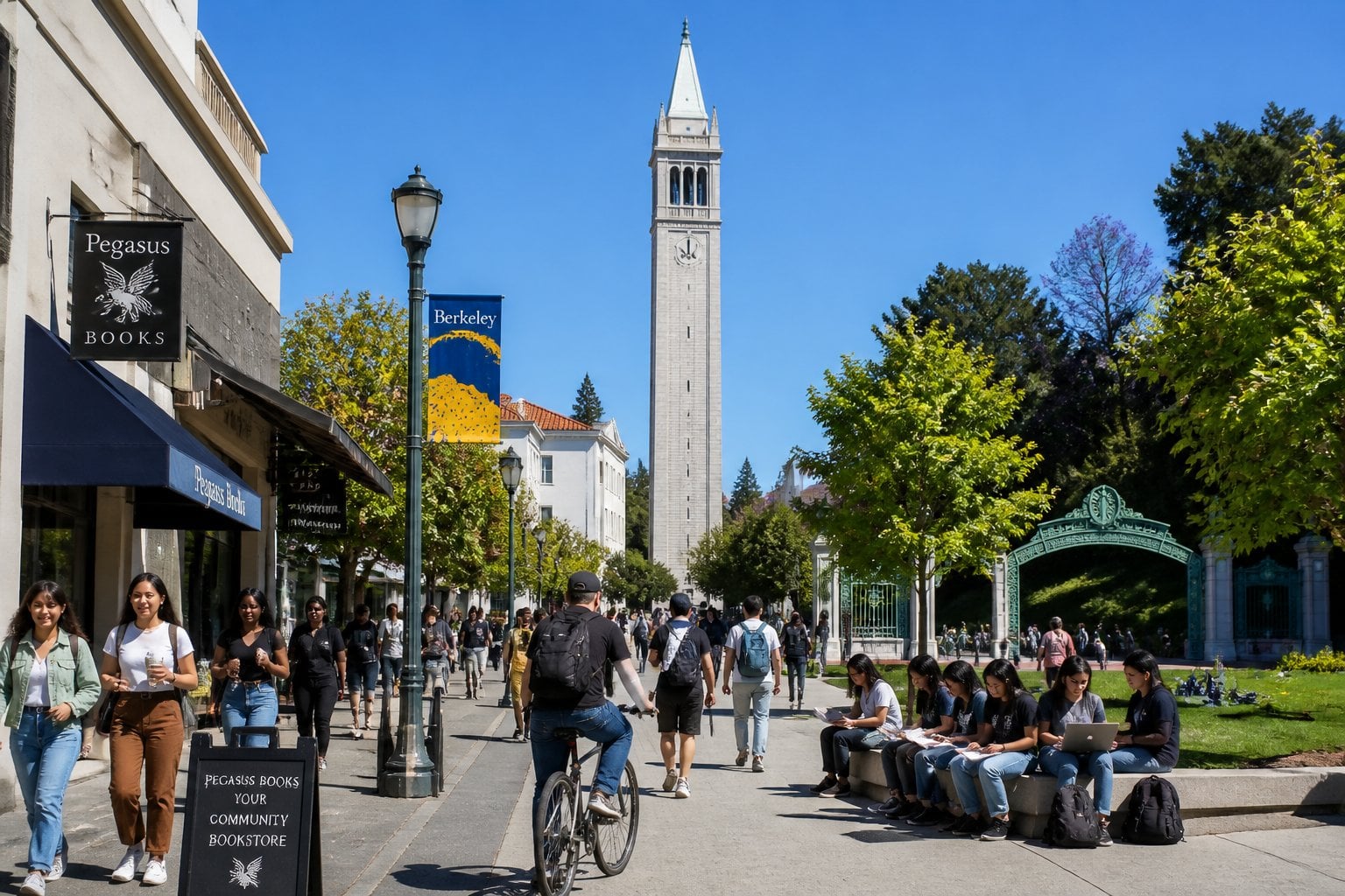 A lively scene in Berkeley, California showing people walking and biking near the Sather Tower with trees, cafes, and college buildings around.