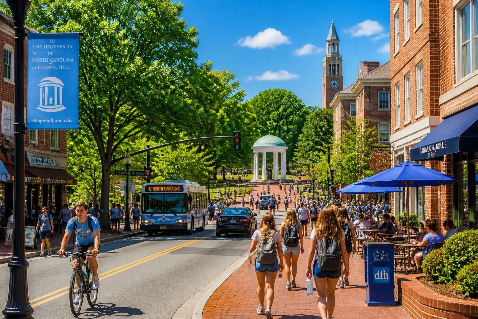 A sunny college town scene with red brick university buildings, green trees, pedestrians, and outdoor cafes in Chapel Hill, North Carolina.