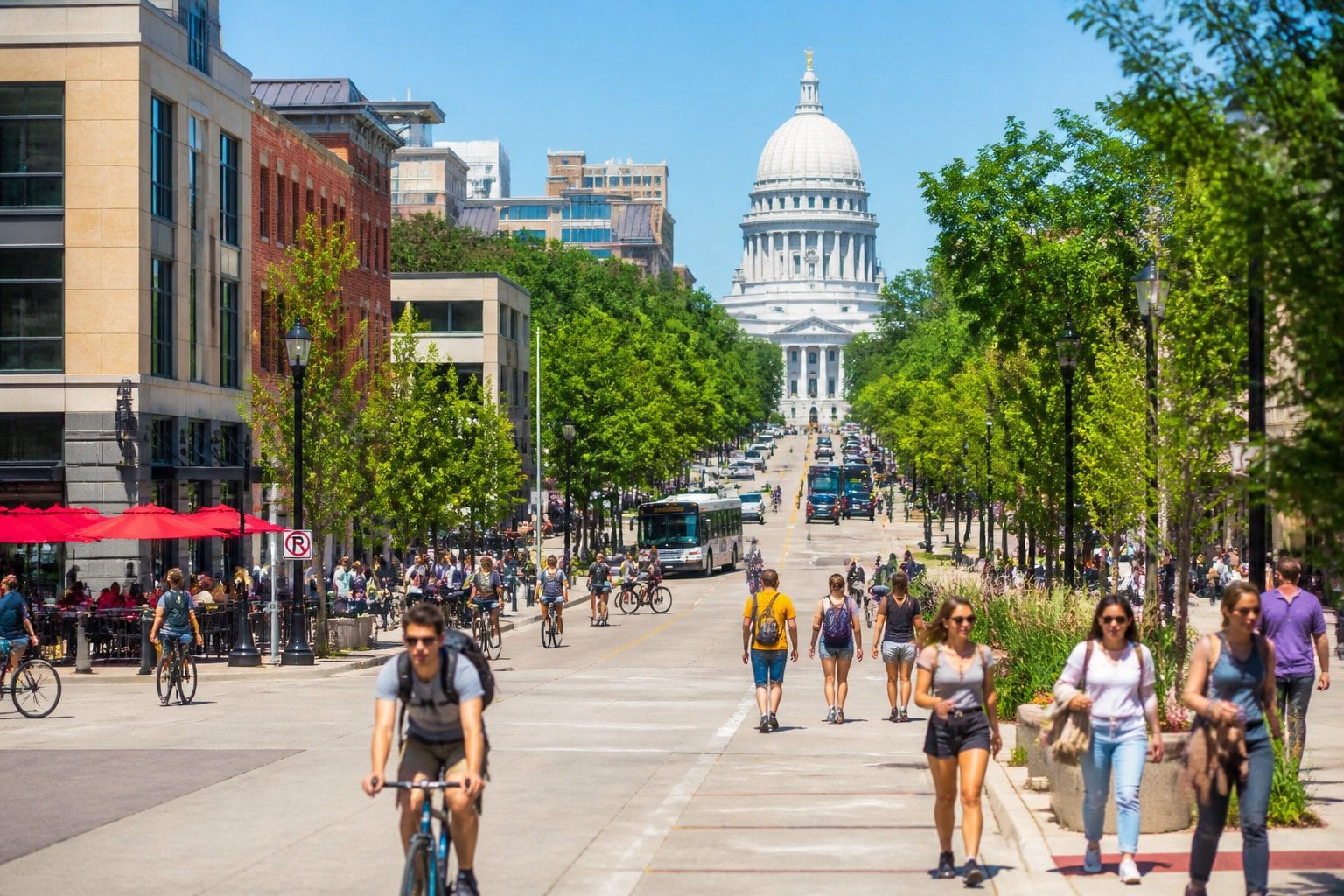 A lively street scene in Madison, Wisconsin with people walking and biking near university buildings and shops on a sunny day.