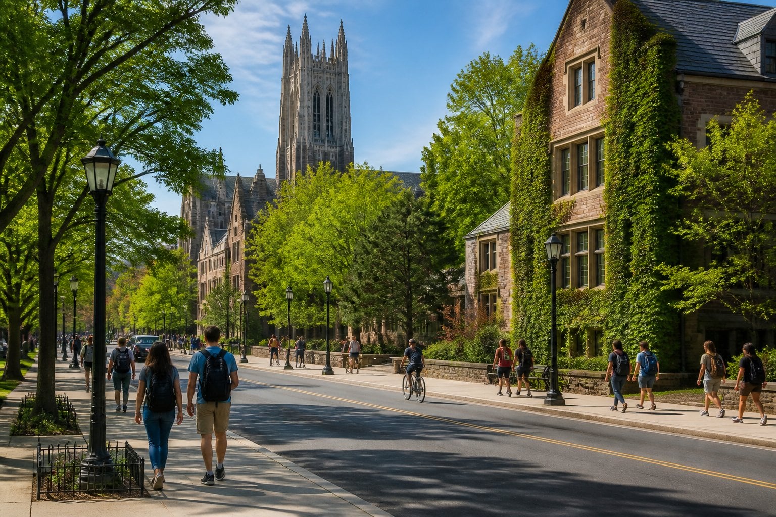 A scenic view of a college town in Durham, North Carolina, showing brick buildings, trees, and people walking on tree-lined streets near a university building.