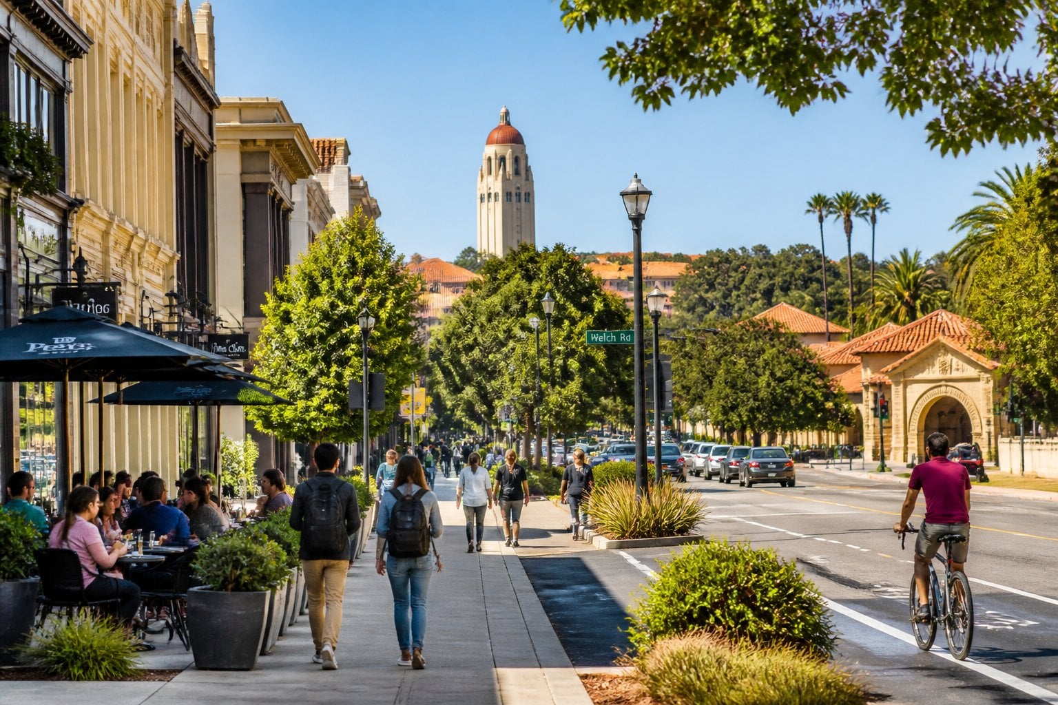 A busy street in Palo Alto near Stanford University with people walking and cycling, outdoor cafes, and university buildings in the background under a clear sky.