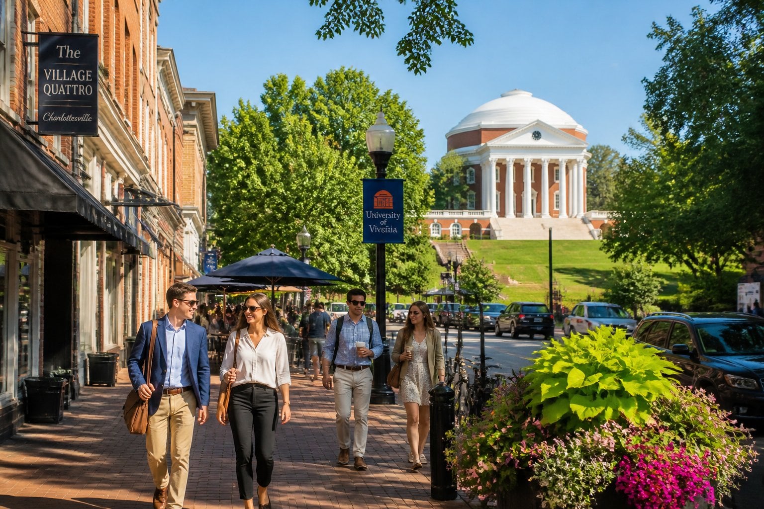 A sunny street in Charlottesville, Virginia with historic buildings, trees, people walking, and the University of Virginia Rotunda in the background.
