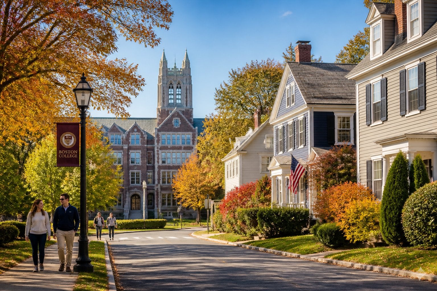 A sunny street in Newton near Boston College with classic houses, autumn trees, and a historic college building in the background.