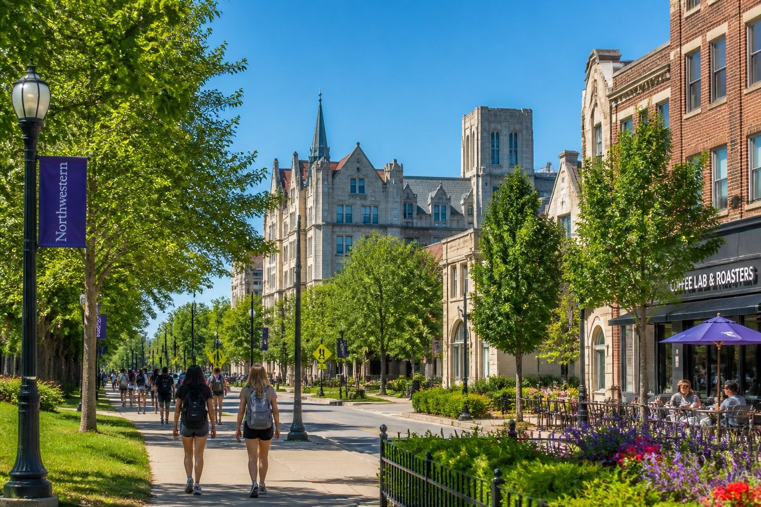 A sunny street scene in Evanston, Illinois with people walking near university buildings and green lawns.