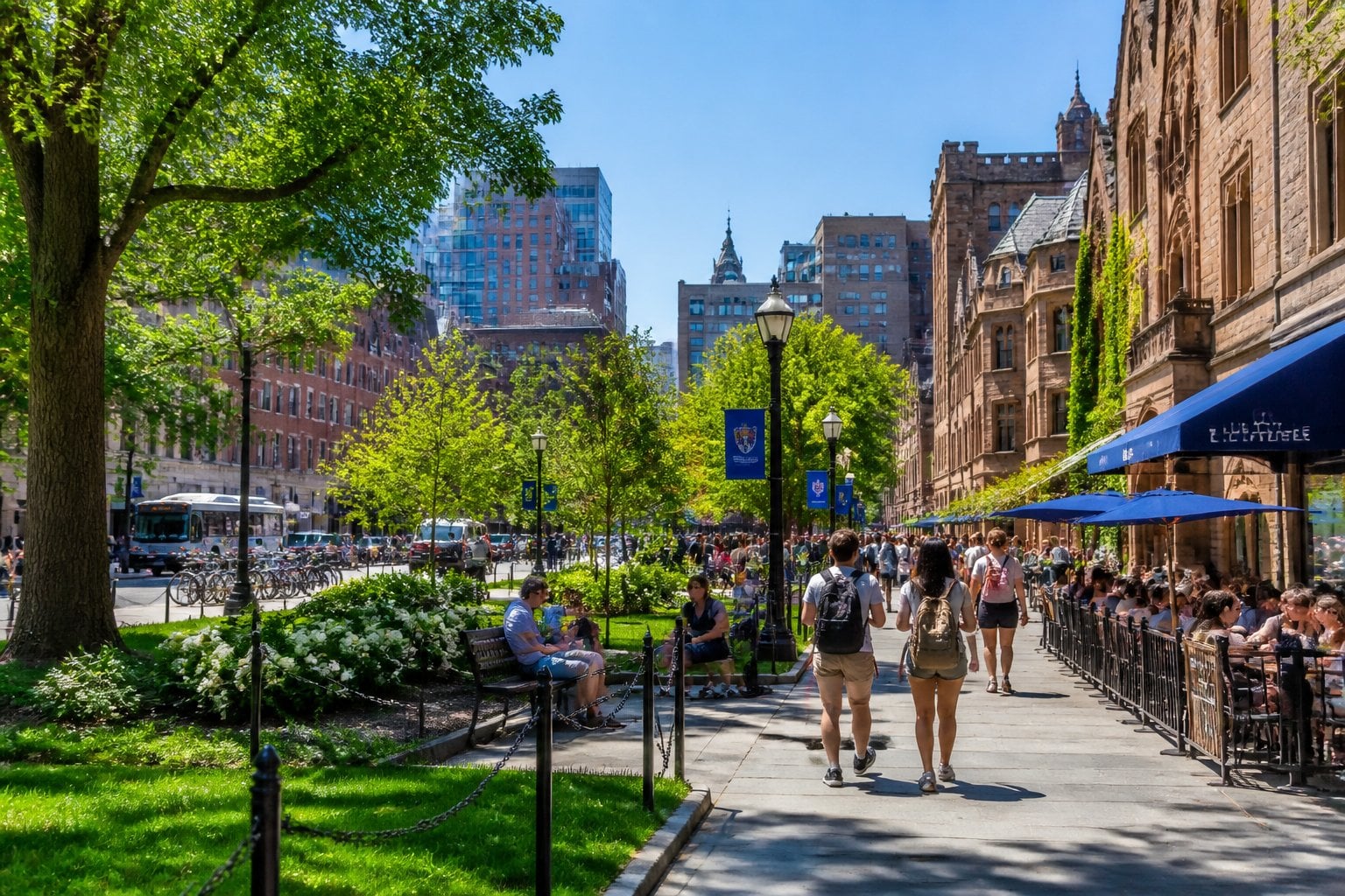 A lively college town scene with students walking near historic brick buildings and green spaces in New Haven, Connecticut.