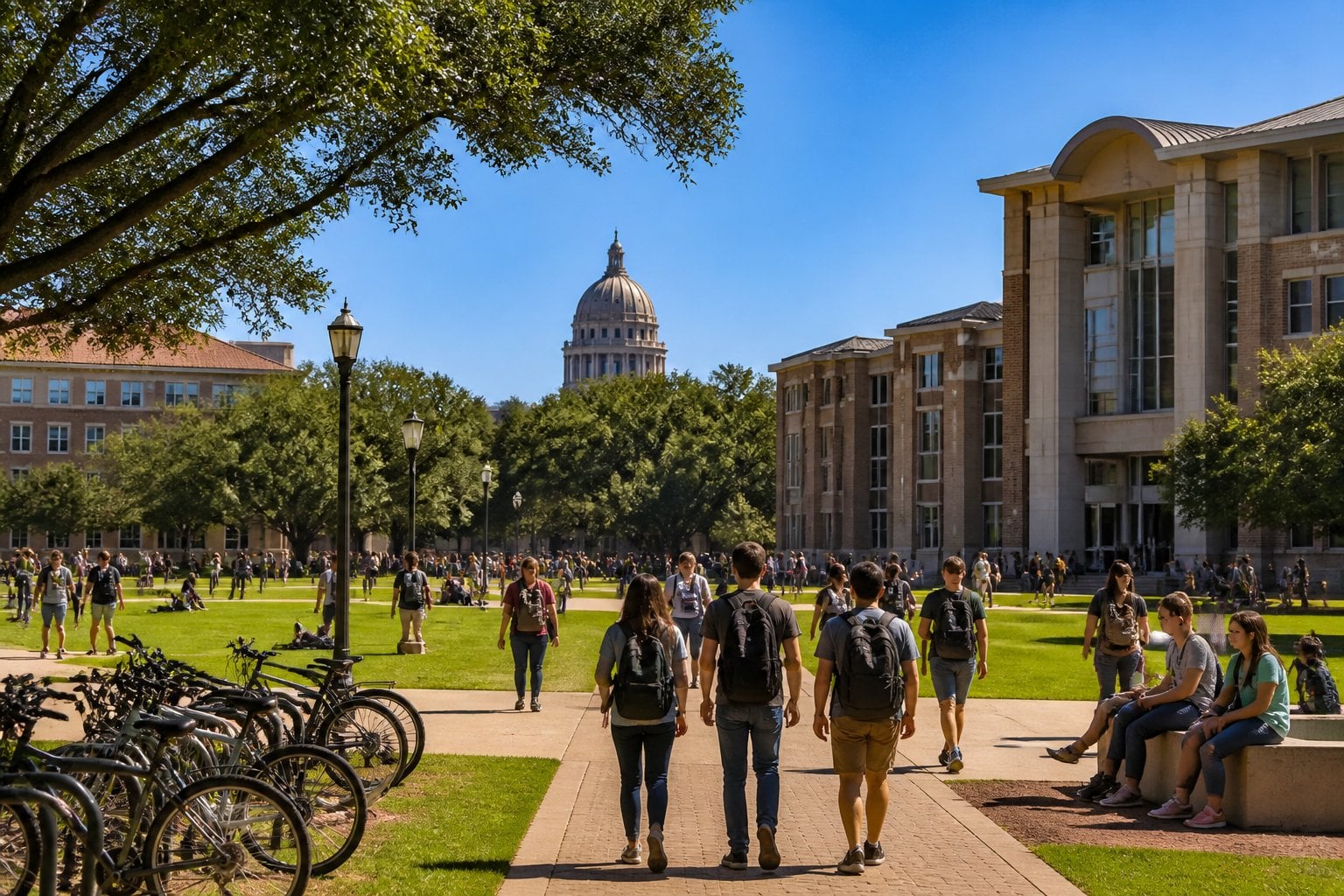 A busy university campus with students walking and socializing on green lawns surrounded by academic buildings and trees.