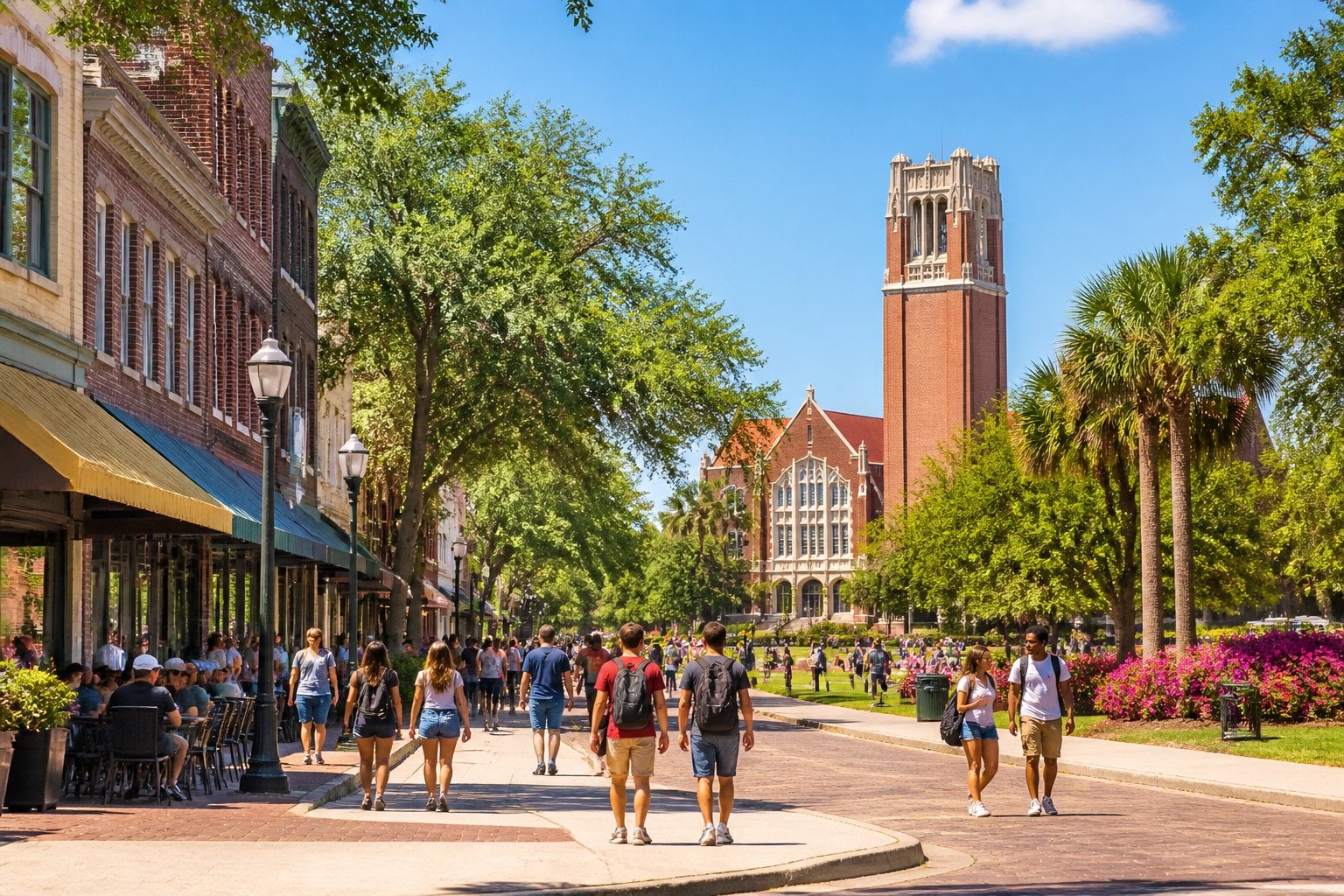 A sunny street scene in Gainesville, Florida with people walking near historic buildings and a university campus in the background.