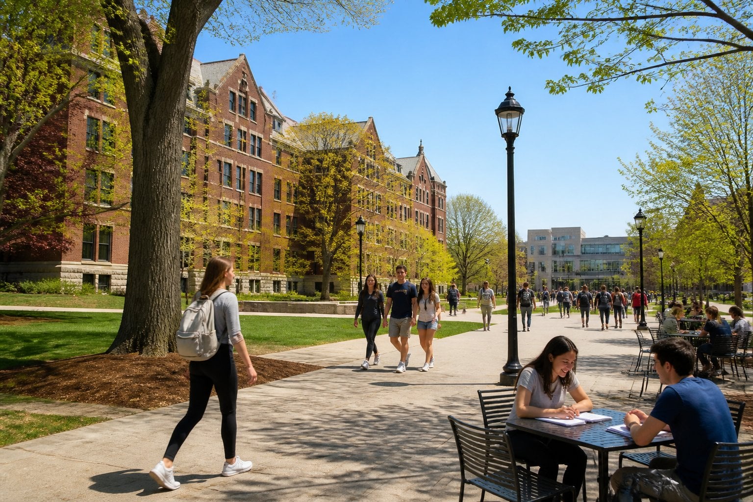 A university campus in Lawrence, Kansas with brick buildings, green lawns, trees, and people walking along pathways on a clear day.