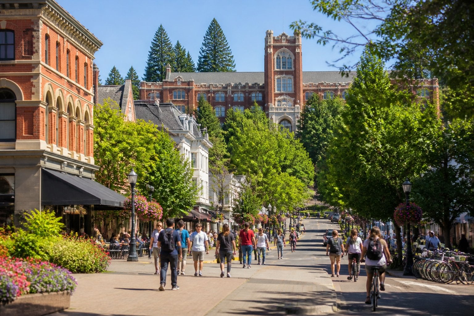 A lively downtown street in Corvallis, Oregon with people walking and biking near historic buildings and green trees, with a university campus building visible in the background.